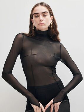Commense Sheer Mock Neck Long-Sleeve Top - Black